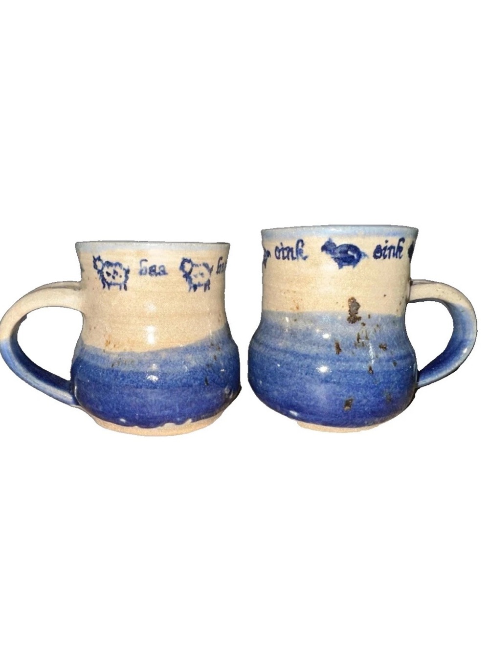Pair Handmade Ceramic Mugs Blue Glaze Farm Animals Cows Pigs Pottery -Baa/Oink